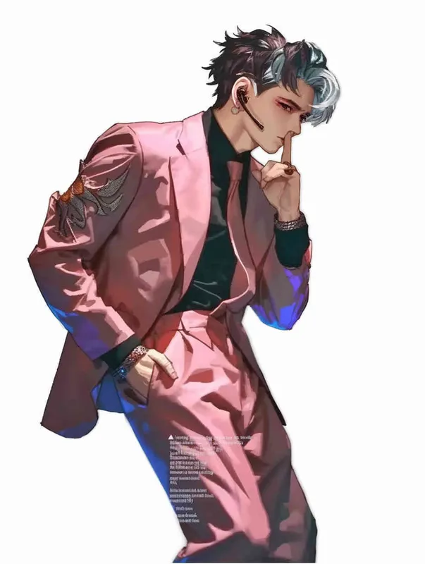 A male idol wearing a pink suit, holding his left hand on his chest and extending his index finger to his mouth with his right hand，black leather shoes，face upward，headset，anime style, white background - style3部分