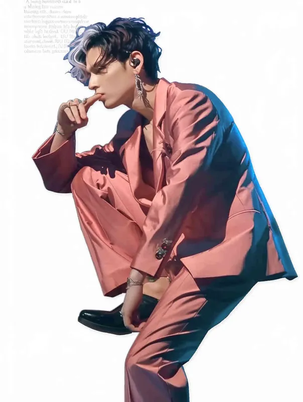 A male idol wearing a pink suit, holding his left hand on his chest and extending his index finger to his mouth with his right hand，black leather shoes，face upward，headset，anime style, white background - style4部分