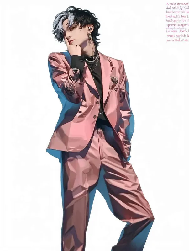 A male idol wearing a pink suit, holding his left hand on his chest and extending his index finger to his mouth with his right hand，head up movement, black leather shoes，face upward，headset，anime style, white background - style1部分