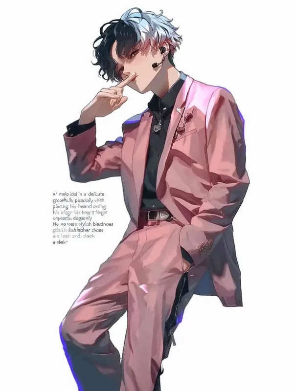 A male idol wearing a pink suit, holding his left hand on his chest and extending his index finger to his mouth with his right hand，head up movement, black leather shoes，face upward，headset，anime style, white background - style2部分