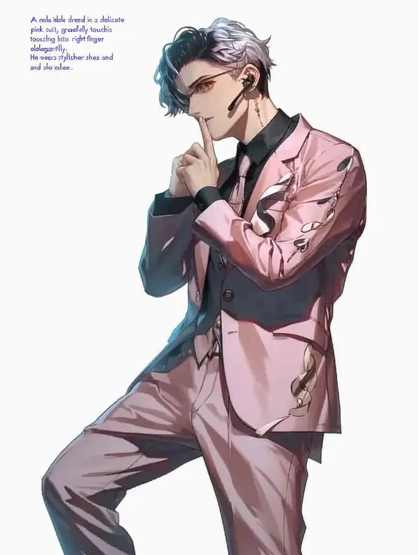 A male idol wearing a pink suit, holding his left hand on his chest and extending his index finger to his mouth with his right hand，head up movement, black leather shoes，face upward，headset，anime style, white background - style3部分