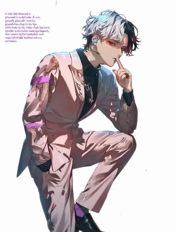A male idol wearing a pink suit, holding his left hand on his chest and extending his index finger to his mouth with his right hand，head up movement, black leather shoes，face upward，headset，anime style, white background - style4部分