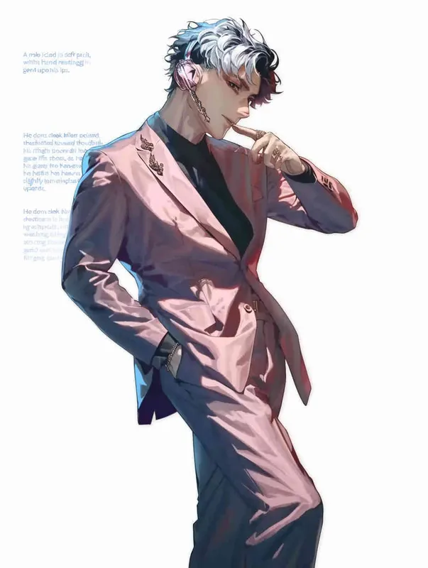 A male idol wearing a pink suit, left hand is on his chest, right index finger is on his mouth，black leather shoes，face upward，head up movement,headset，anime style - style1部分