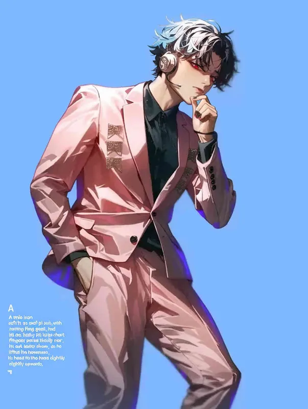 A male idol wearing a pink suit, left hand is on his chest, right index finger is on his mouth，black leather shoes，face upward，head up movement,headset，anime style - style2部分