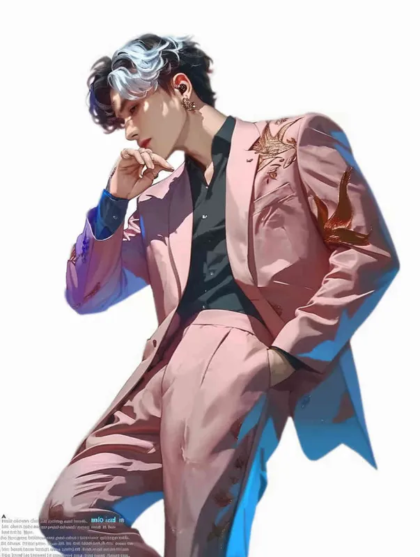 A male idol wearing a pink suit, left hand is on his chest, right index finger is on his mouth，black leather shoes，face upward，head up movement,headset，anime style - style3部分
