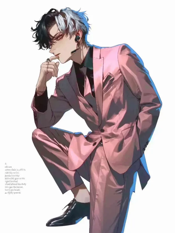 A male idol wearing a pink suit, left hand is on his chest, right index finger is on his mouth，black leather shoes，face upward，head up movement,headset，anime style - style4部分