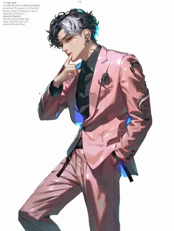 A male idol wearing a pink suit, holding his left hand on his chest and extending his index finger to his mouth with his right hand，head up movement, black leather shoes，face upward，headset，anime style, white background - style1部分