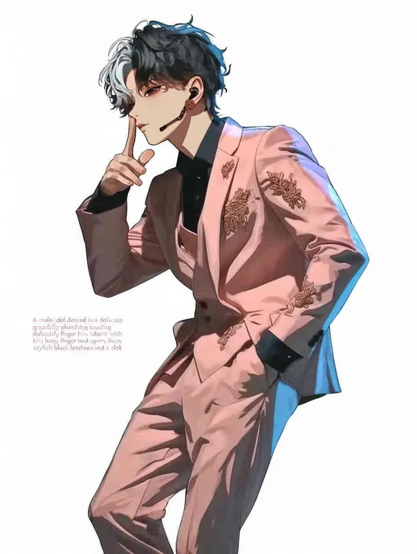 A male idol wearing a pink suit, holding his left hand on his chest and extending his index finger to his mouth with his right hand，head up movement, black leather shoes，face upward，headset，anime style, white background - style2部分