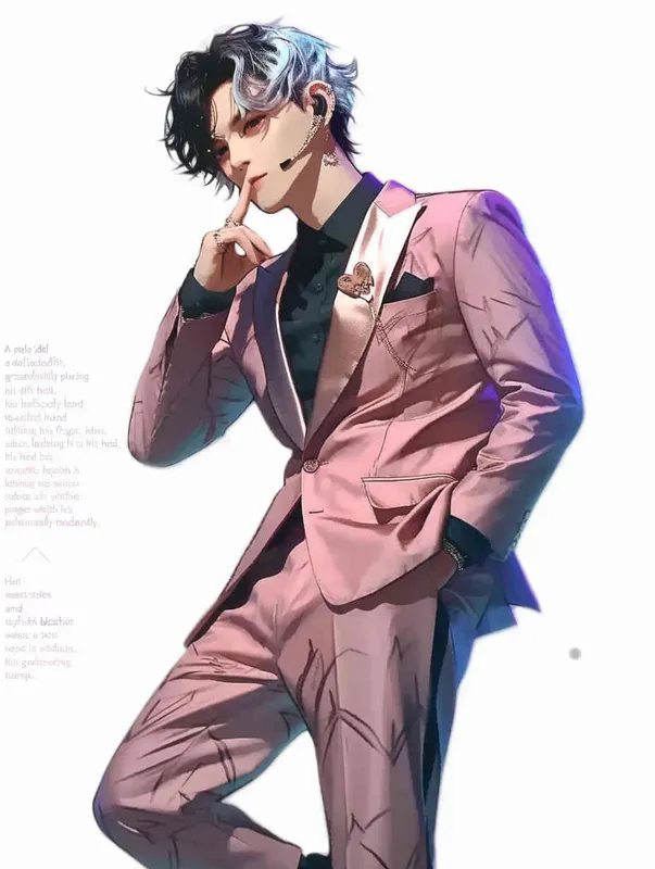 A male idol wearing a pink suit, holding his left hand on his chest and extending his index finger to his mouth with his right hand，head up movement, black leather shoes，face upward，headset，anime style, white background - style3部分