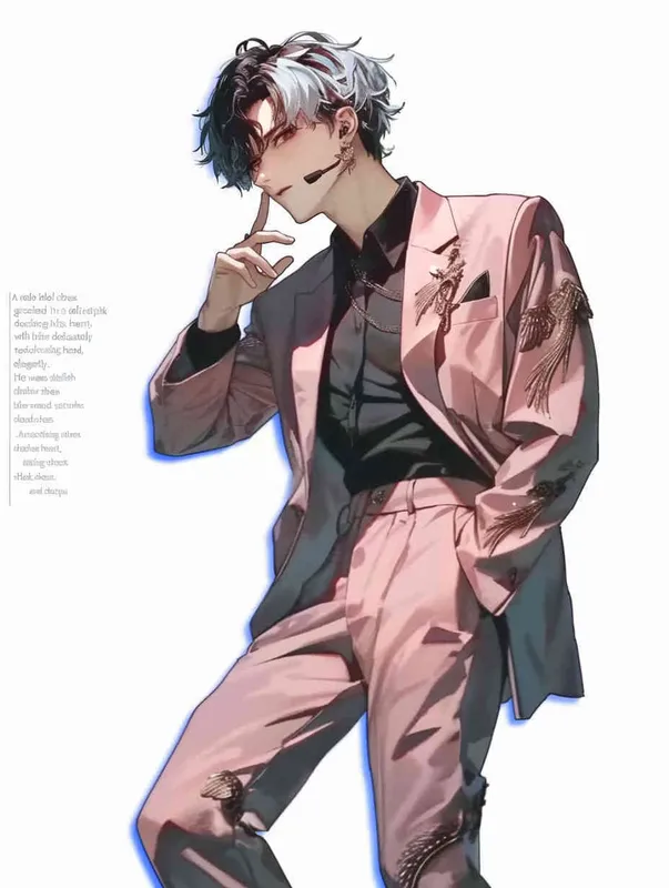 A male idol wearing a pink suit, holding his left hand on his chest and extending his index finger to his mouth with his right hand，head up movement, black leather shoes，face upward，headset，anime style, white background - style4部分