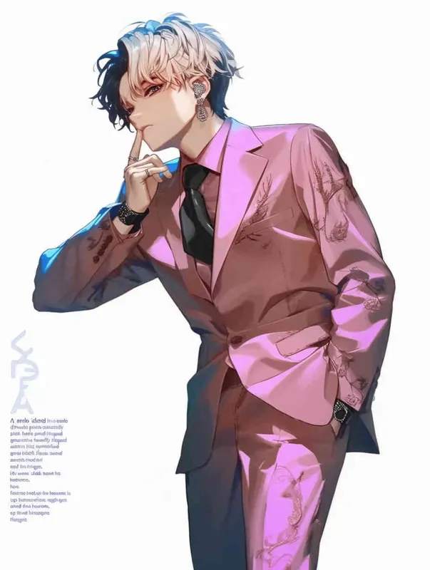A male idol wearing a pink suit, left hand is on his chest, right index finger is on his mouth，black leather shoes，face upward，head up movement,headset，anime style - style1部分