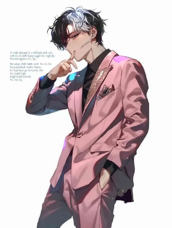 A male idol wearing a pink suit, left hand is on his chest, right index finger is on his mouth，black leather shoes，face upward，head up movement,headset，anime style - style2部分