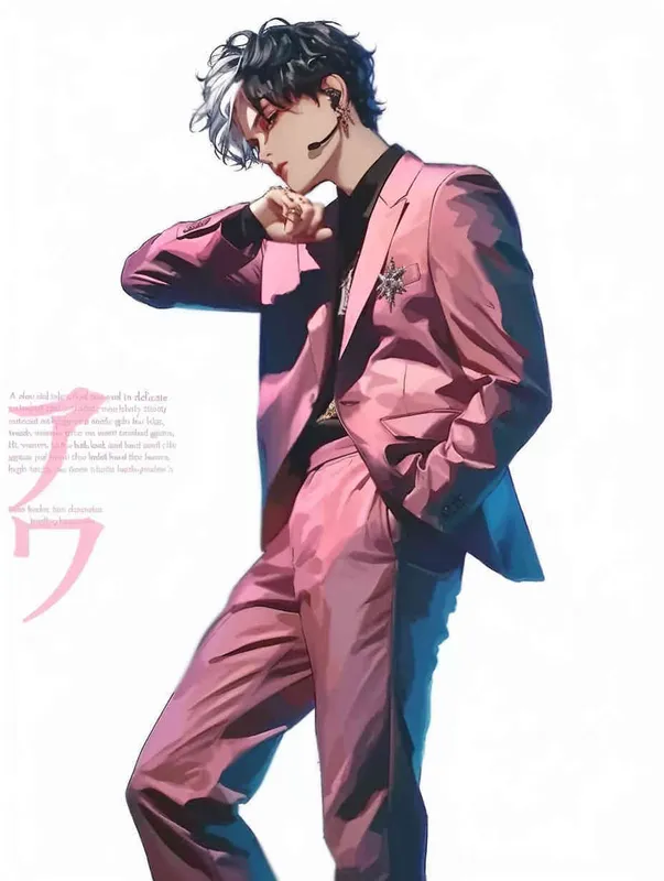 A male idol wearing a pink suit, left hand is on his chest, right index finger is on his mouth，black leather shoes，face upward，head up movement,headset，anime style - style3部分