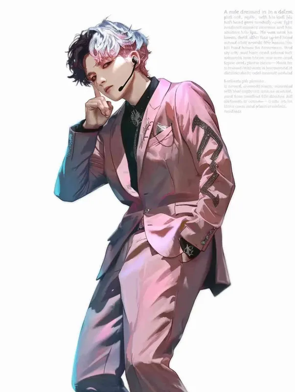 A male idol wearing a pink suit, left hand is on his chest, right index finger is on his mouth，black leather shoes，face upward，head up movement,headset，anime style - style4部分