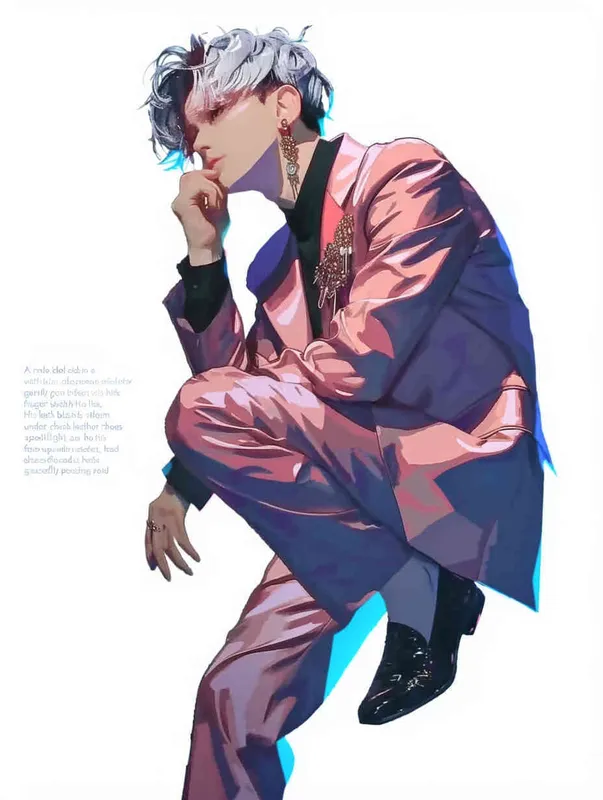 A male idol wearing a pink suit, left hand is on his chest, right index finger is on his mouth，black leather shoes，face upward，head up movement, headsethis upper body fell backwards，anime style - style1部分