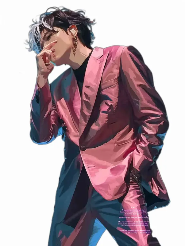 A male idol wearing a pink suit, left hand is on his chest, right index finger is on his mouth，black leather shoes，face upward，head up movement, headsethis upper body fell backwards，anime style - style2部分