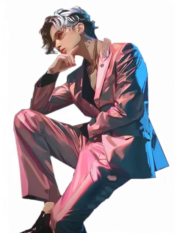 A male idol wearing a pink suit, left hand is on his chest, right index finger is on his mouth，black leather shoes，face upward，head up movement, headsethis upper body fell backwards，anime style - style3部分