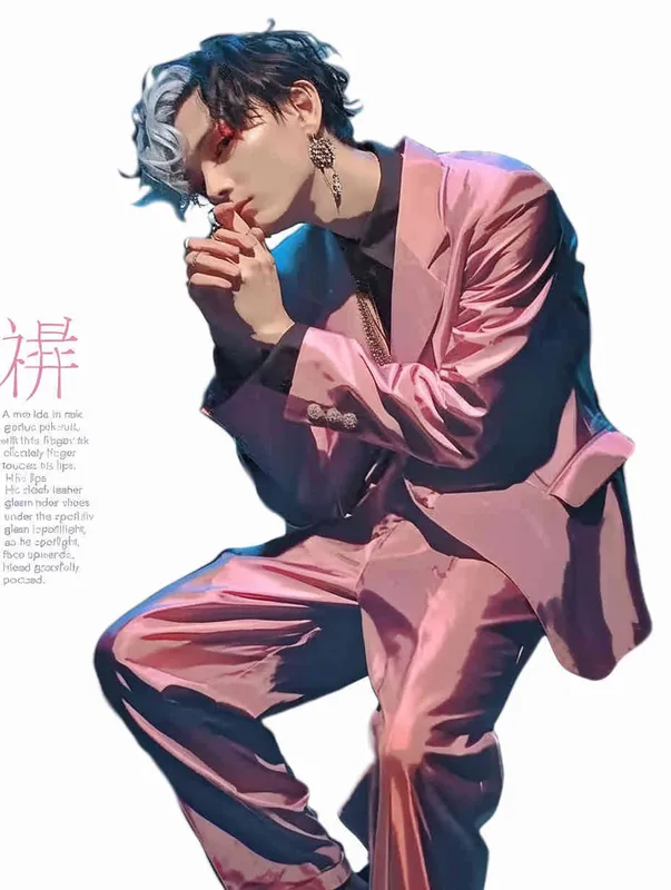 A male idol wearing a pink suit, left hand is on his chest, right index finger is on his mouth，black leather shoes，face upward，head up movement, headsethis upper body fell backwards，anime style - style4部分