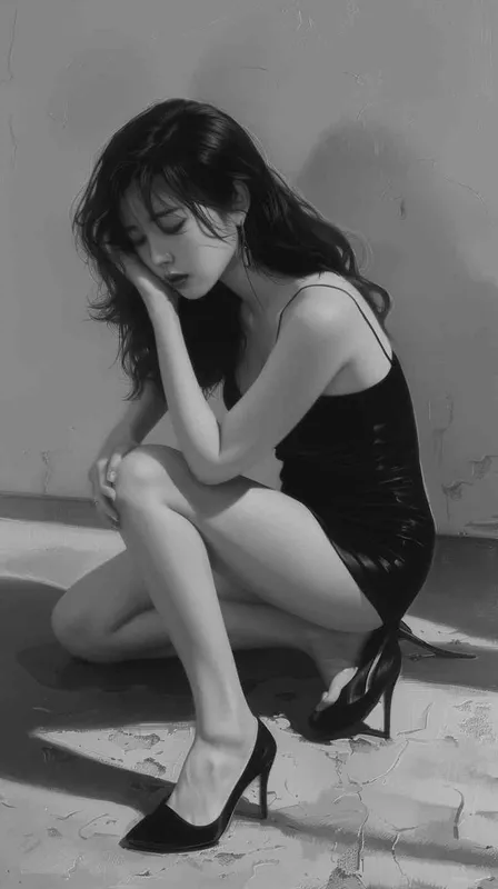 清纯性感的韩国都市美女，穿着一字带高跟鞋，跪在地上 - style2部分