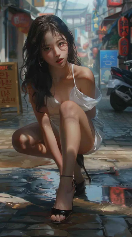 清纯性感的韩国都市美女，穿着一字带高跟鞋，跪在地上 - style3部分