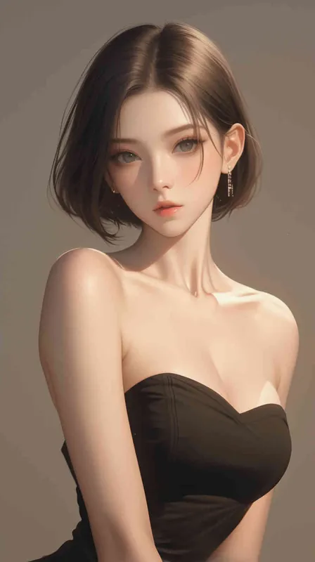 ((韩系二次元美女))((韩系女二次元))((棕色短发))((身穿抹胸黑色裙子))((10种拍照动作))((10种拍照姿势造型))((8000k分辨率))((超级精致脸))((高清画质)) – AI绘画作品展示 | Midjourney中文版生成