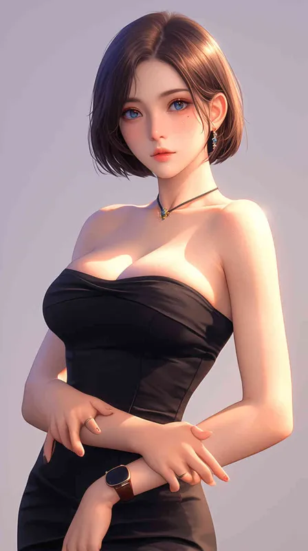 ((韩系二次元美女))((韩系女二次元))((棕色短发))((身穿抹胸黑色裙子))((10种拍照动作))((10种拍照姿势造型))((8000k分辨率))((超级精致脸))((高清画质)) - style4部分