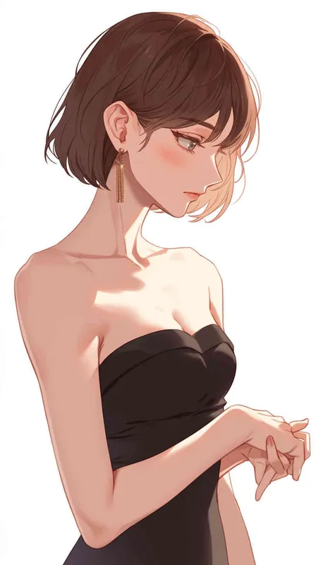 ((韩系二次元美女))((韩系女二次元))((棕色短发))((4/3侧脸))((身穿抹胸黑色裙子))((各种拍照动作))((各种拍照姿势造型))((8000k分辨率))((超级精致脸))((高清画质)) - style1部分