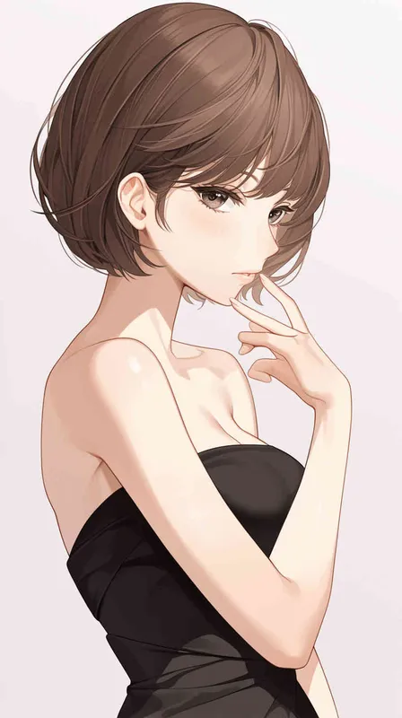 ((韩系二次元美女))((韩系女二次元))((棕色短发))((4/3侧脸))((身穿抹胸黑色裙子))((各种拍照动作))((各种拍照姿势造型))((8000k分辨率))((超级精致脸))((高清画质)) - style2部分