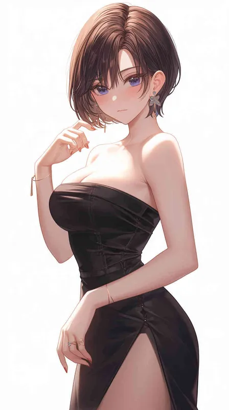 ((韩系二次元美女))((韩系女二次元))((棕色短发))((4/3侧脸))((身穿抹胸黑色裙子))((各种拍照动作))((各种拍照姿势造型))((8000k分辨率))((超级精致脸))((高清画质)) - style3部分