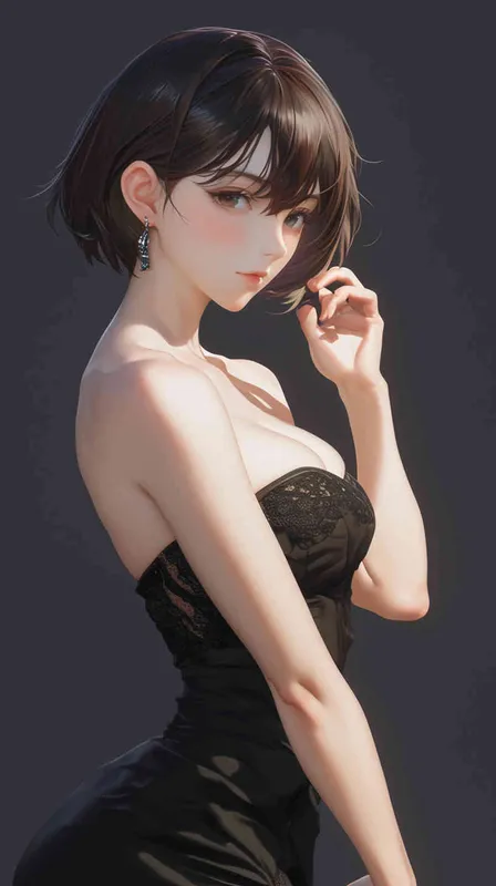 ((韩系二次元美女))((韩系女二次元))((棕色短发))((4/3侧脸))((身穿抹胸黑色裙子))((各种拍照动作))((各种拍照姿势造型))((8000k分辨率))((超级精致脸))((高清画质)) - style4部分
