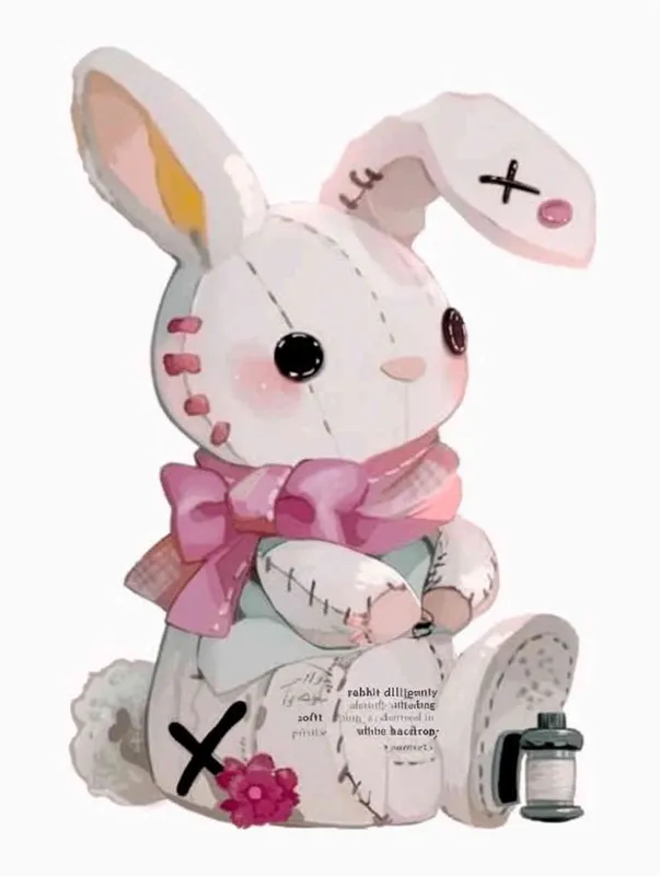 a sewing rabbit，pink scraf , white background, anime style - style1部分