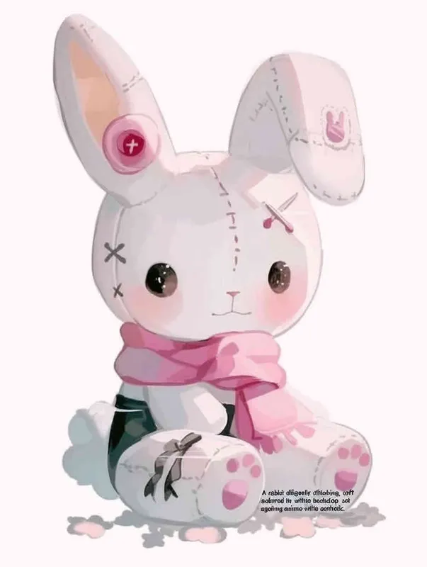 a sewing rabbit，pink scraf , white background, anime style - style2部分