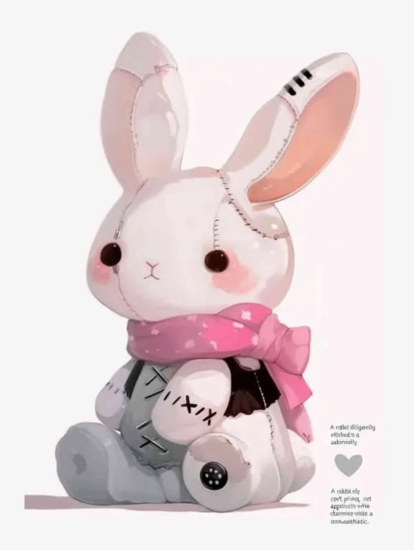 a sewing rabbit，pink scraf , white background, anime style - style4部分