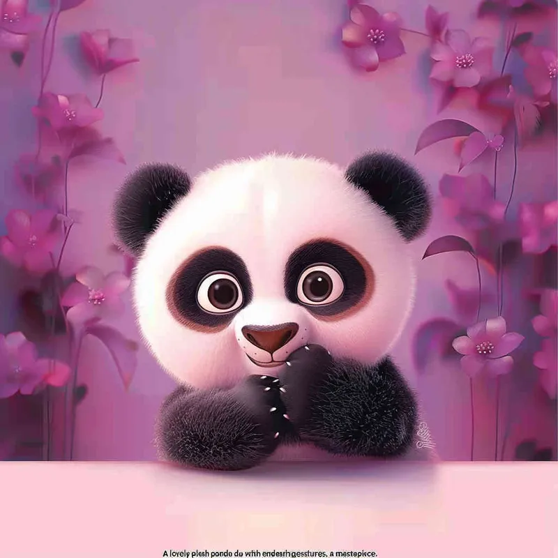 一只可爱的毛绒绒的熊猫，憨态可掬的动作，紫色背景，大师作品 - style1部分