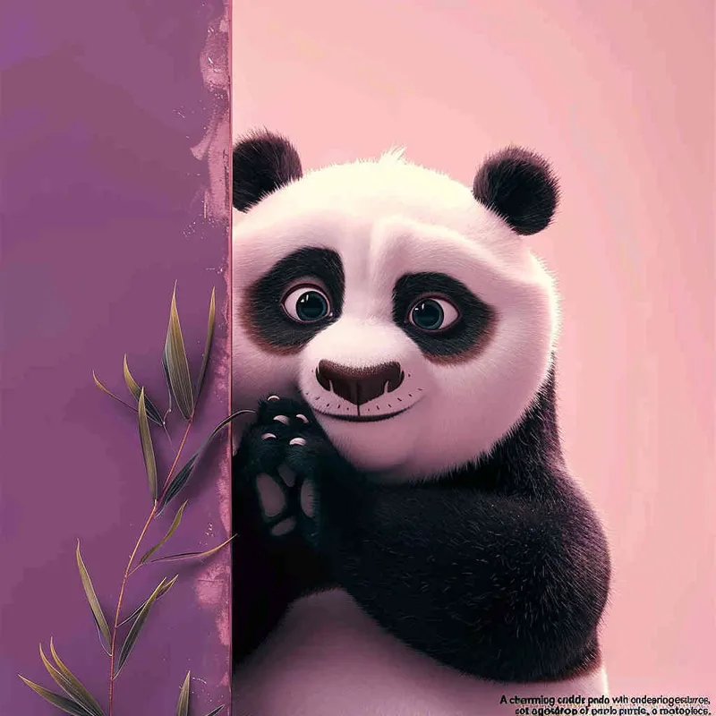 一只可爱的毛绒绒的熊猫，憨态可掬的动作，紫色背景，大师作品  - style3部分