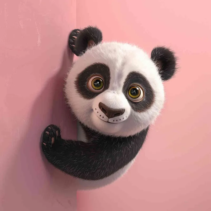 1️⃣ Cute panda peeking out from the right side of an empty pink wall, in the style of Disney cartoon, pastel color background, adorable, happy face, big eyes, small black nose and mouth, small ears, small hands, small feet, high resolution, high quality, high detail, detailed, hyper realistic.  - style1部分