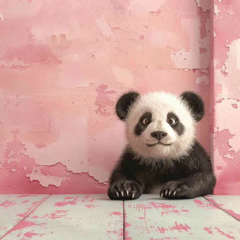 1️⃣ Cute panda peeking out from the right side of an empty pink wall, in the style of Disney cartoon, pastel color background, adorable, happy face, big eyes, small black nose and mouth, small ears, small hands, small feet, high resolution, high quality, high detail, detailed, hyper realistic.  - style2部分