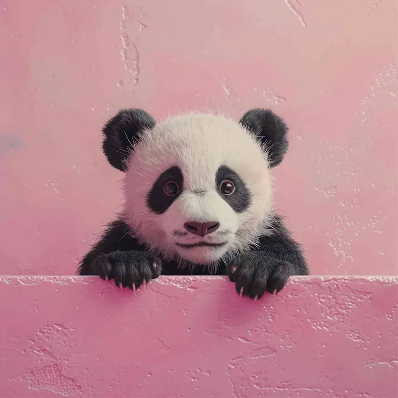 1️⃣ Cute panda peeking out from the right side of an empty pink wall, in the style of Disney cartoon, pastel color background, adorable, happy face, big eyes, small black nose and mouth, small ears, small hands, small feet, high resolution, high quality, high detail, detailed, hyper realistic.  - style3部分