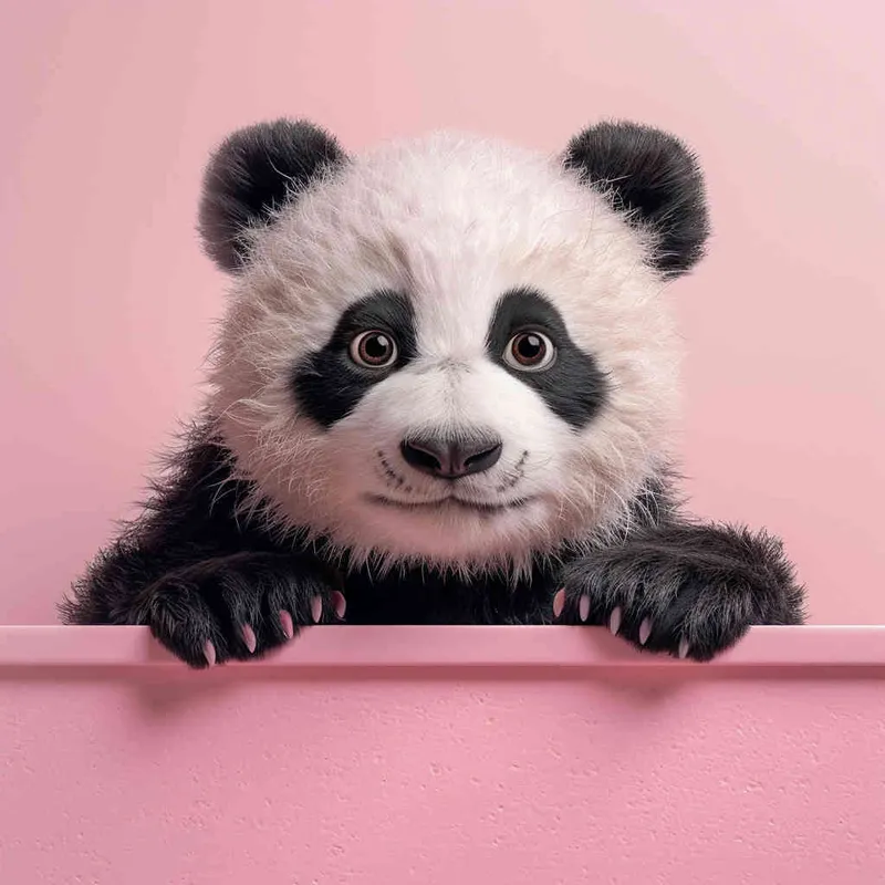 1️⃣ Cute panda peeking out from the right side of an empty pink wall, in the style of Disney cartoon, pastel color background, adorable, happy face, big eyes, small black nose and mouth, small ears, small hands, small feet, high resolution, high quality, high detail, detailed, hyper realistic.  - style4部分