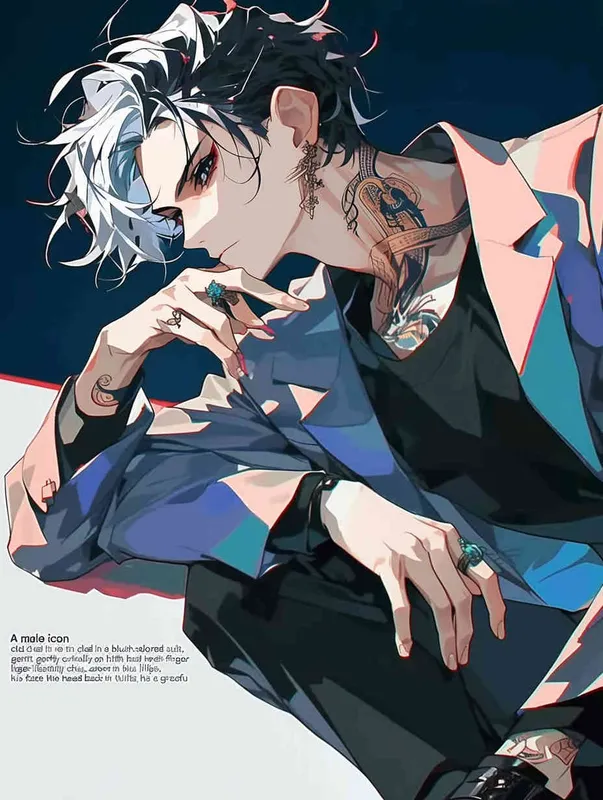 A male idol wearing a pink suit, left hand is on his chest, right index finger is on his mouth，black leather shoes，face upward，head up movement, headsethis upper body fell backwards，anime style - style2部分