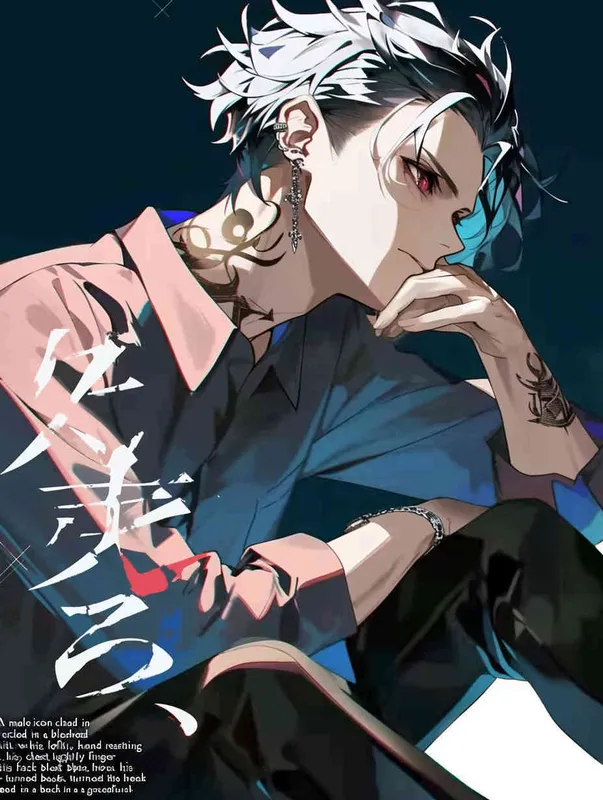 A male idol wearing a pink suit, left hand is on his chest, right index finger is on his mouth，black leather shoes，face upward，head up movement, headsethis upper body fell backwards，anime style - style3部分
