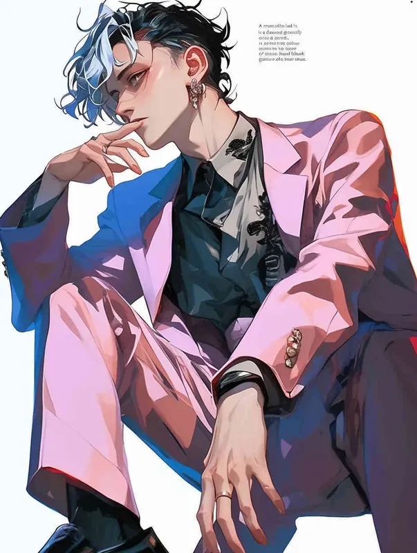 A male idol wearing a pink suit, left hand is on his chest, right index finger is on his mouth，black leather shoes，face upward，head up movement, headsethis upper body fell backwards，anime style - style1部分