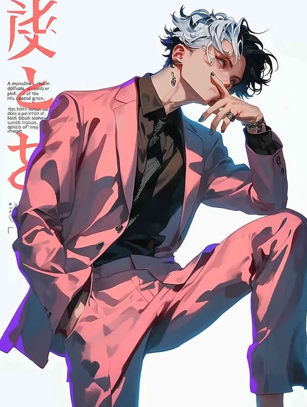 A male idol wearing a pink suit, left hand is on his chest, right index finger is on his mouth，black leather shoes，face upward，head up movement, headsethis upper body fell backwards，anime style - style2部分