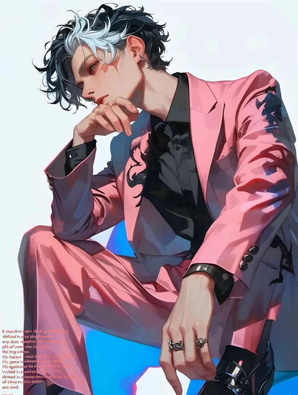 A male idol wearing a pink suit, left hand is on his chest, right index finger is on his mouth，black leather shoes，face upward，head up movement, headsethis upper body fell backwards，anime style - style3部分