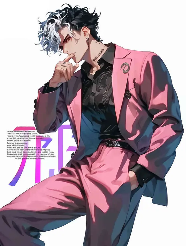 A male idol wearing a pink suit, left hand is on his chest, right index finger is on his mouth，black leather shoes，face upward，head up movement, headsethis upper body fell backwards，anime style - style4部分