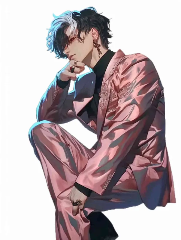 A male idol wearing a pink suit, left hand is on his chest, right index finger is on his mouth，black leather shoes，face upward，head up movement, headsethis upper body fell backwards，anime style - style1部分