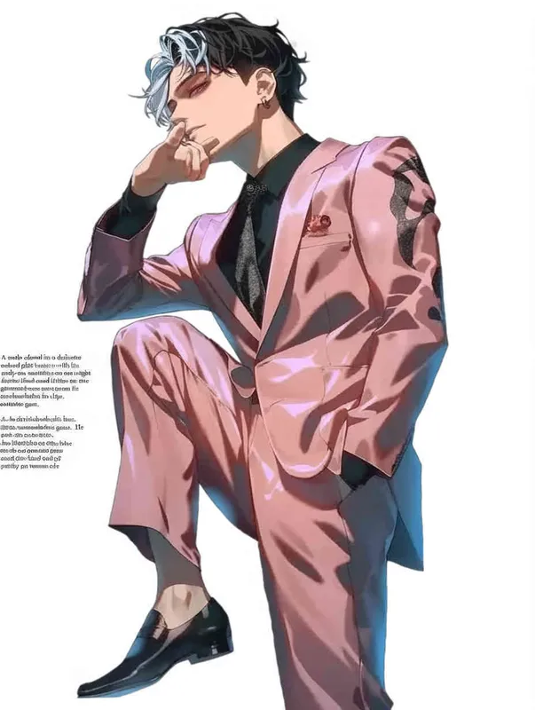 A male idol wearing a pink suit, left hand is on his chest, right index finger is on his mouth，black leather shoes，face upward，head up movement, headsethis upper body fell backwards，anime style - style2部分