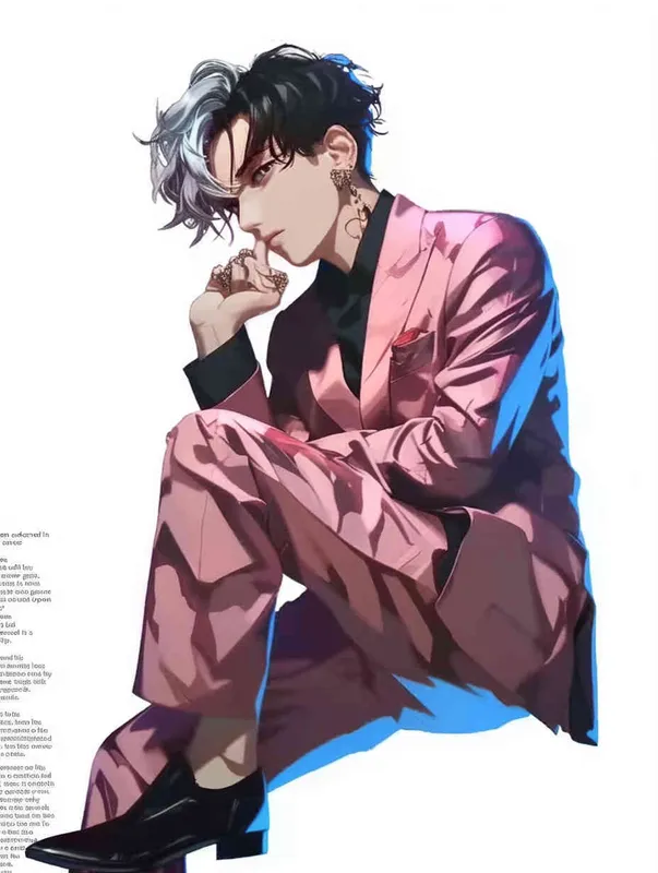 A male idol wearing a pink suit, left hand is on his chest, right index finger is on his mouth，black leather shoes，face upward，head up movement, headsethis upper body fell backwards，anime style - style3部分