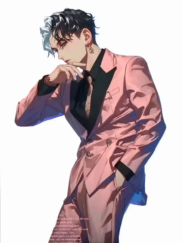 A male idol wearing a pink suit, left hand is on his chest, right index finger is on his mouth，black leather shoes，face upward，head up movement, headsethis upper body fell backwards，anime style - style4部分