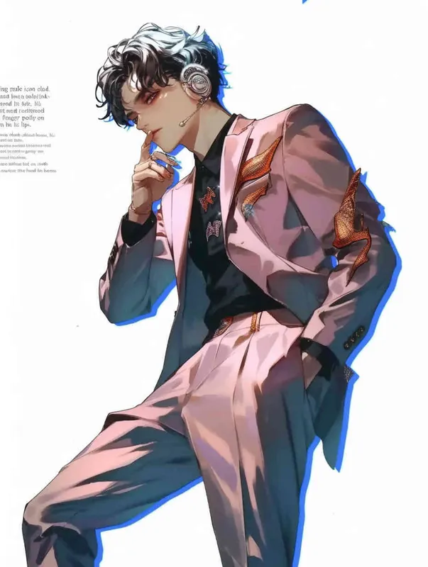 A male idol wearing a pink suit, left hand is on his chest, right index finger is on his mouth，black leather shoes，face upward，head up movement,headset，anime style - style1部分